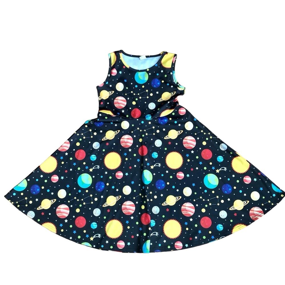 Funnycokid Planets Astronomy Print A-Line Skater Black Dress Girl’s Size XL